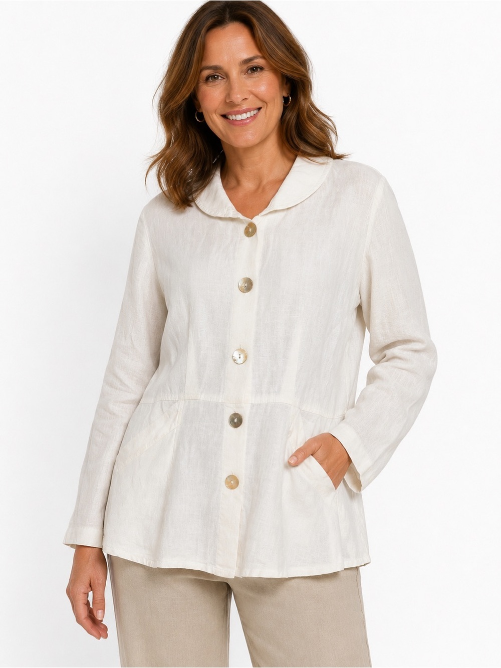 FLAX Off-White Ivory Lagenlook 100% Linen Buttoned A-Line Shirt P(4-6)
